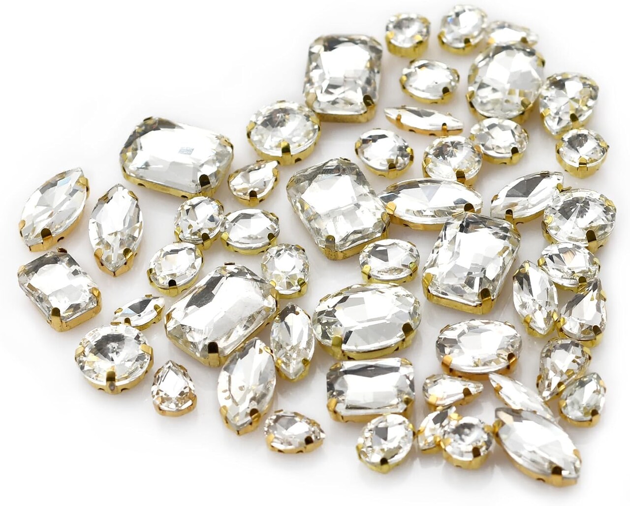 Rhinestones for Crafting, 50pcs Sew on Rhinestones Flatback Crystal Rhinestones Mixed Shapes with Metal Claw for Craft Clothes Jewelry Shoes Bags DIY Decoration (White)